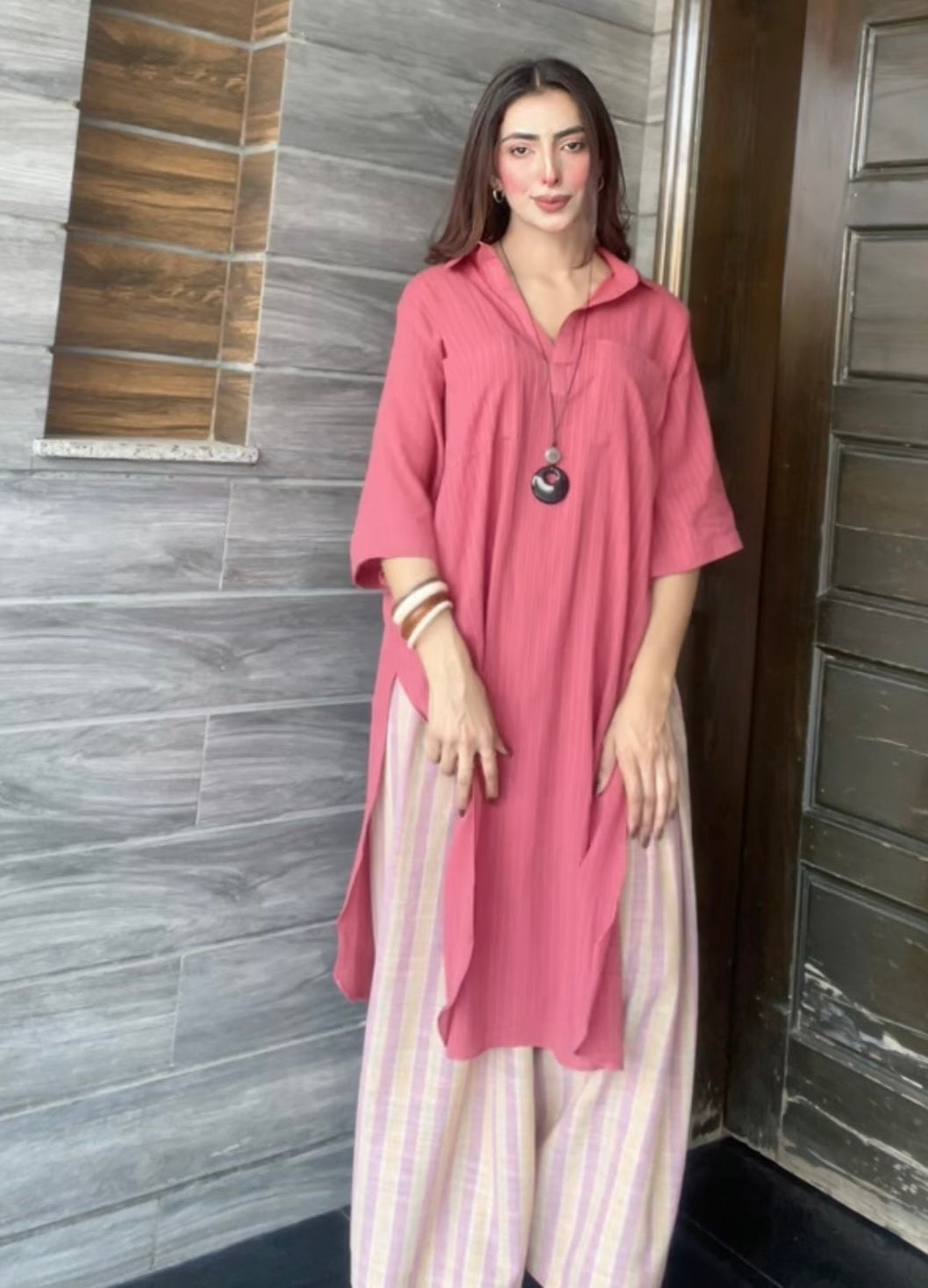 Pink contrast kurta set