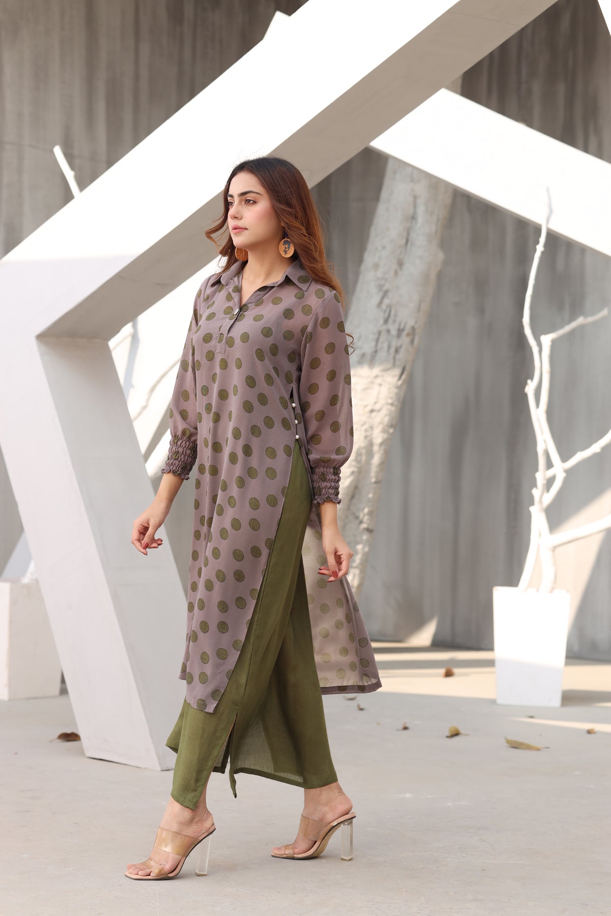 Polka dotted olive dress